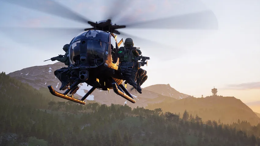Official WARDOGS promotional screenshot of a helicopter above a mountain valley